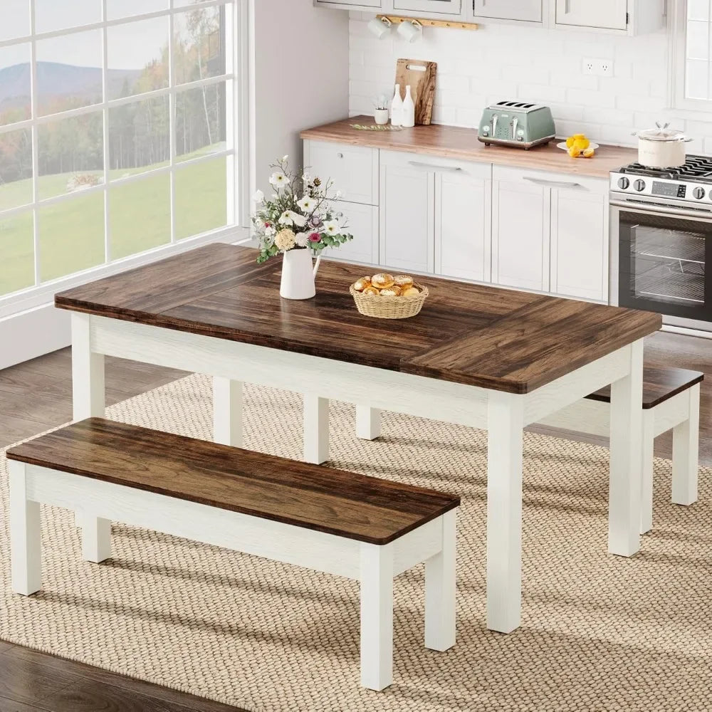 3-Piece Dining Table Set - 55" Wood Table with 2 Benches, Space-Saving Design