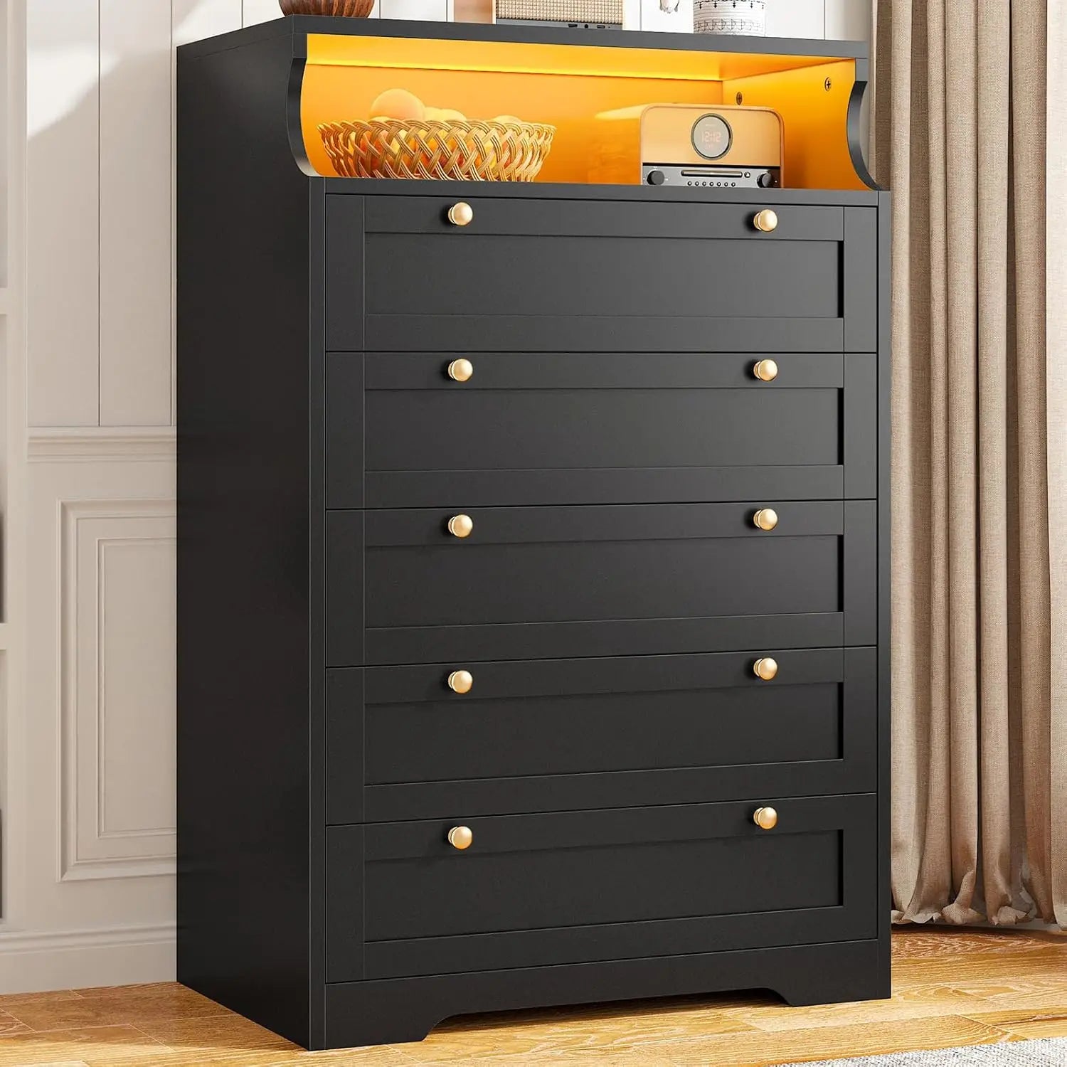 EnHomee Black 5 Drawer LED Dresser with Shelves