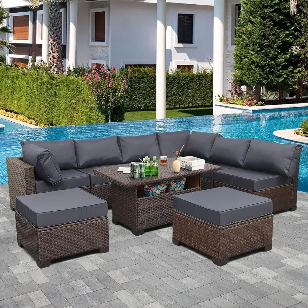 9-Piece Wicker Sectional Sofa Set - Navy Blue Cushions and Storage Table Included