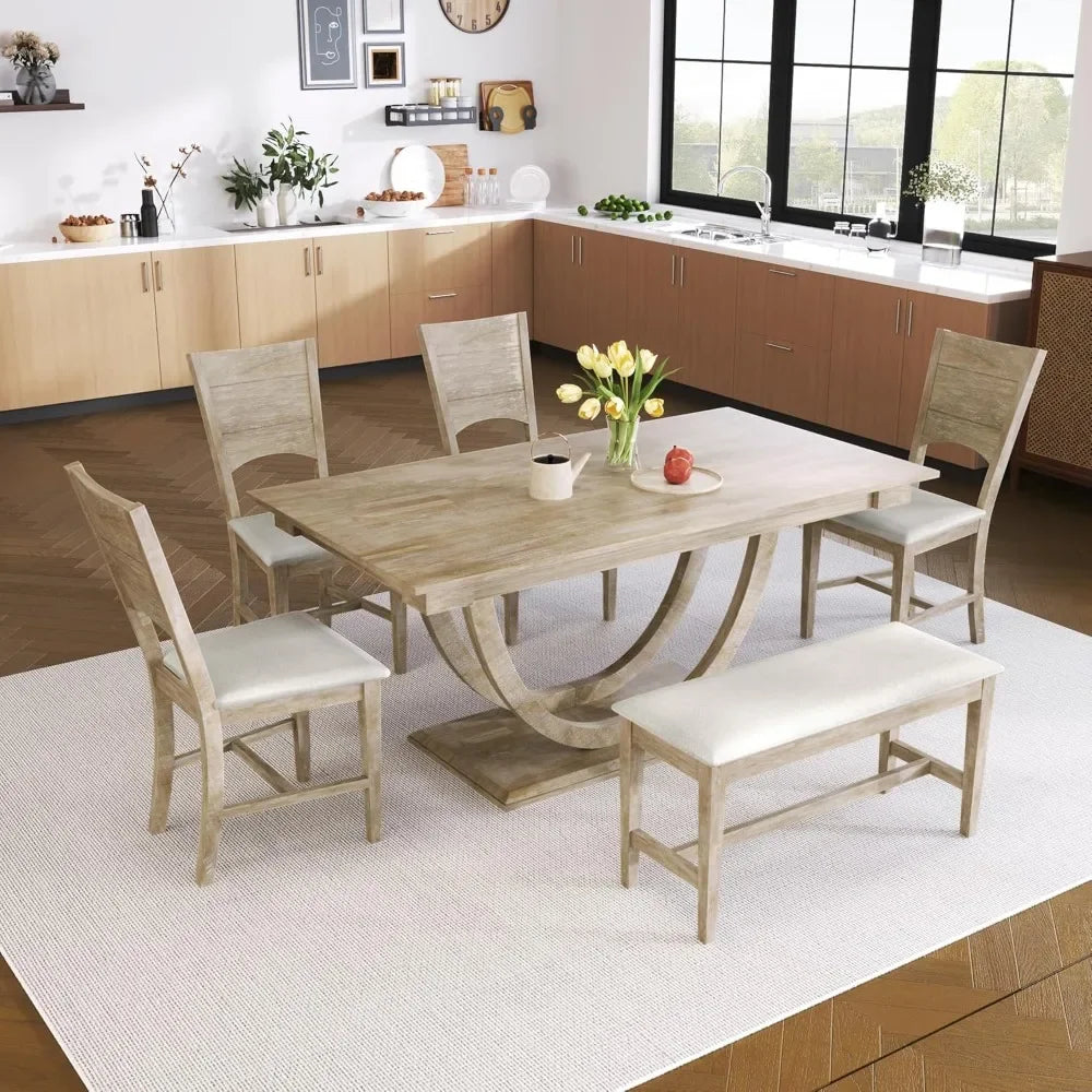 Dining Set for 6 - Wood Table with Half Round Base, 4 Upholstered Chairs & Bench