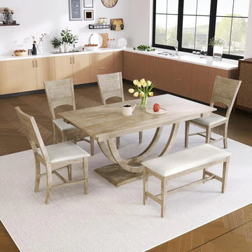 Dining Set for 6 - Wood Table with Half Round Base, 4 Upholstered Chairs & Bench