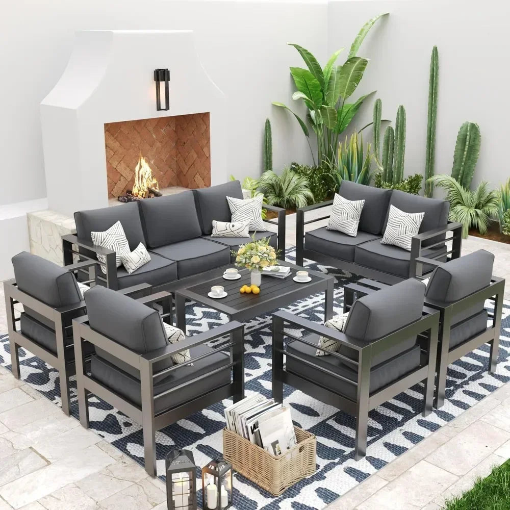 7-Piece Oversized Aluminum Patio Set - 9-Seat Modern Outdoor Furniture with Cushions