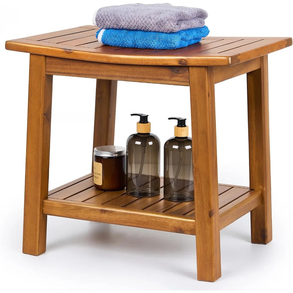 Teak Shower Bench 20" Waterproof with Storage Shelf