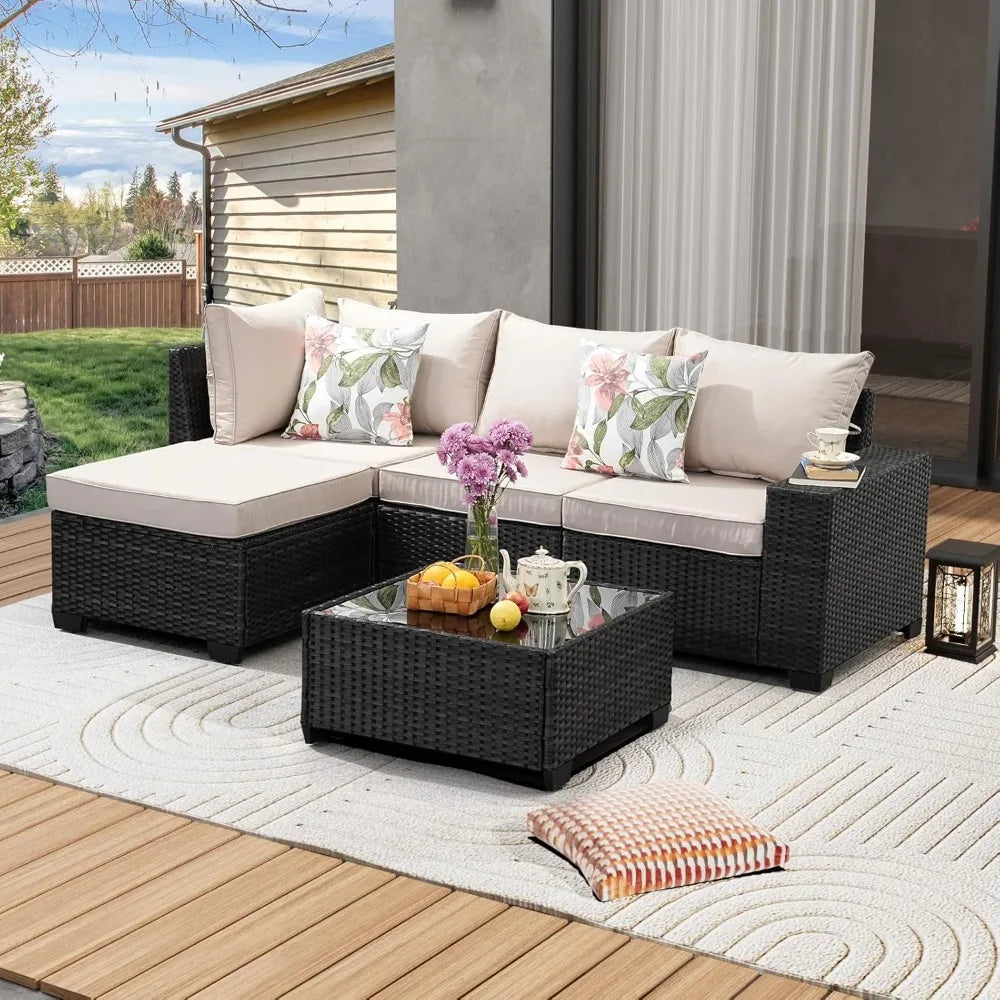 5-Piece All-Weather Rattan Set - Outdoor Wicker Sectional Sofa with Cushions