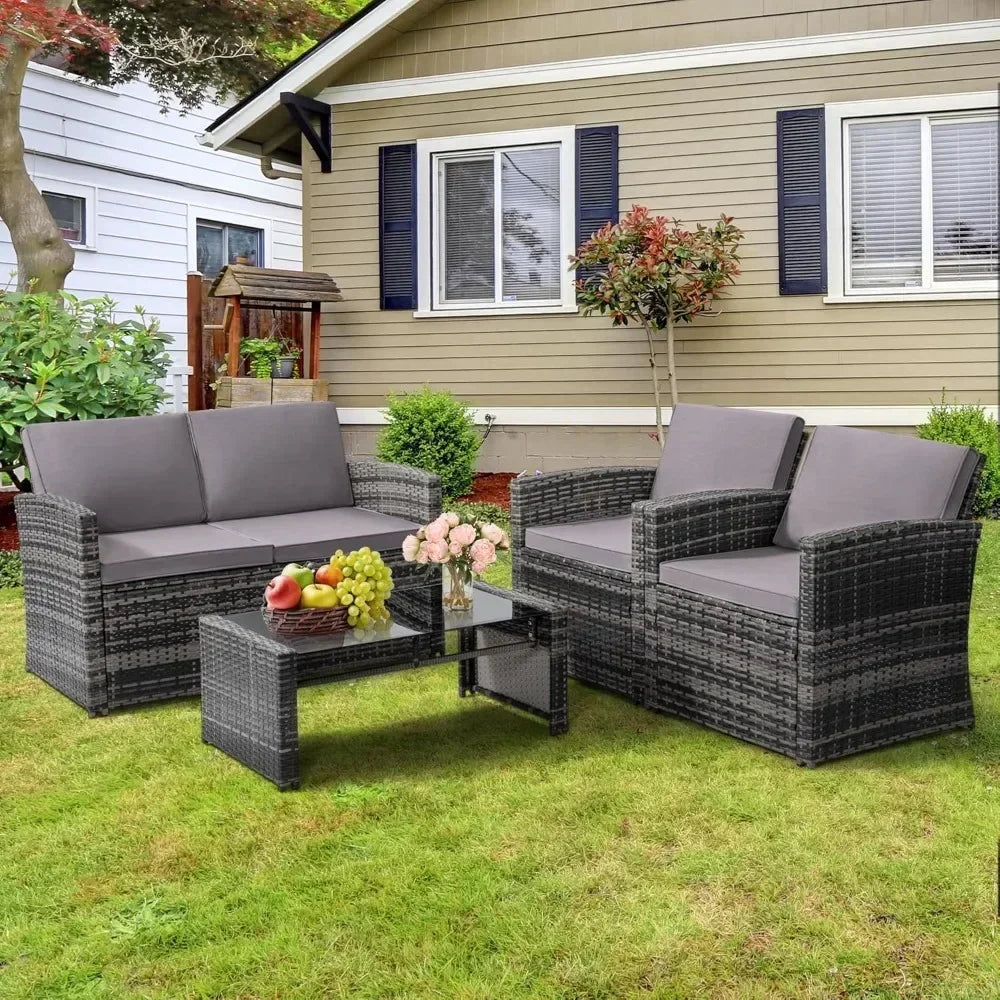 4-Piece Patio Conversation Set - Cushioned Wicker Sofa Ideal for Garden and Porch