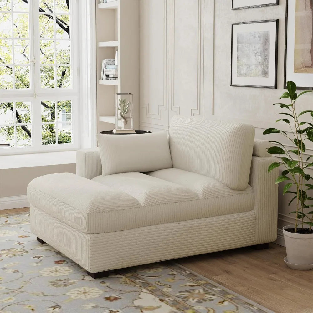 Corduroy Chaise Lounge with Armrest Cushion Solid Wood Frame