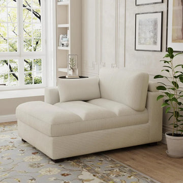 Corduroy Chaise Lounge with Armrest Cushion Solid Wood Frame