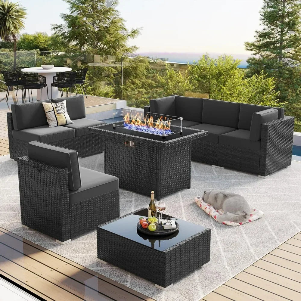 8-Piece Wicker Patio Furniture Set - Includes 44" Fire Table and Coffee Table