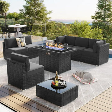 8-Piece Wicker Patio Furniture Set - Includes 44" Fire Table and Coffee Table