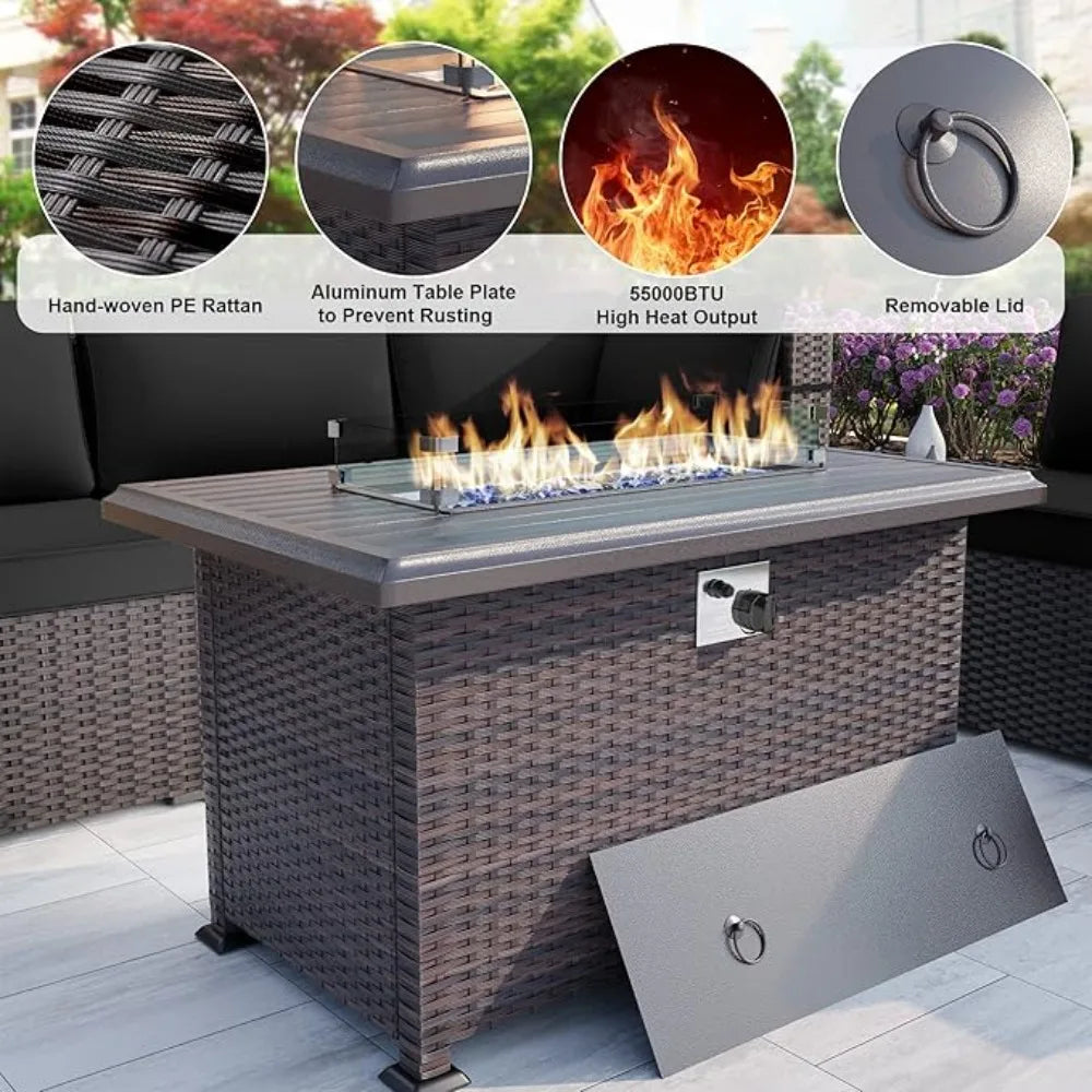 7-Piece Patio Sectional Sofa Set - Fire Pit Table and Wicker Conversation Furniture