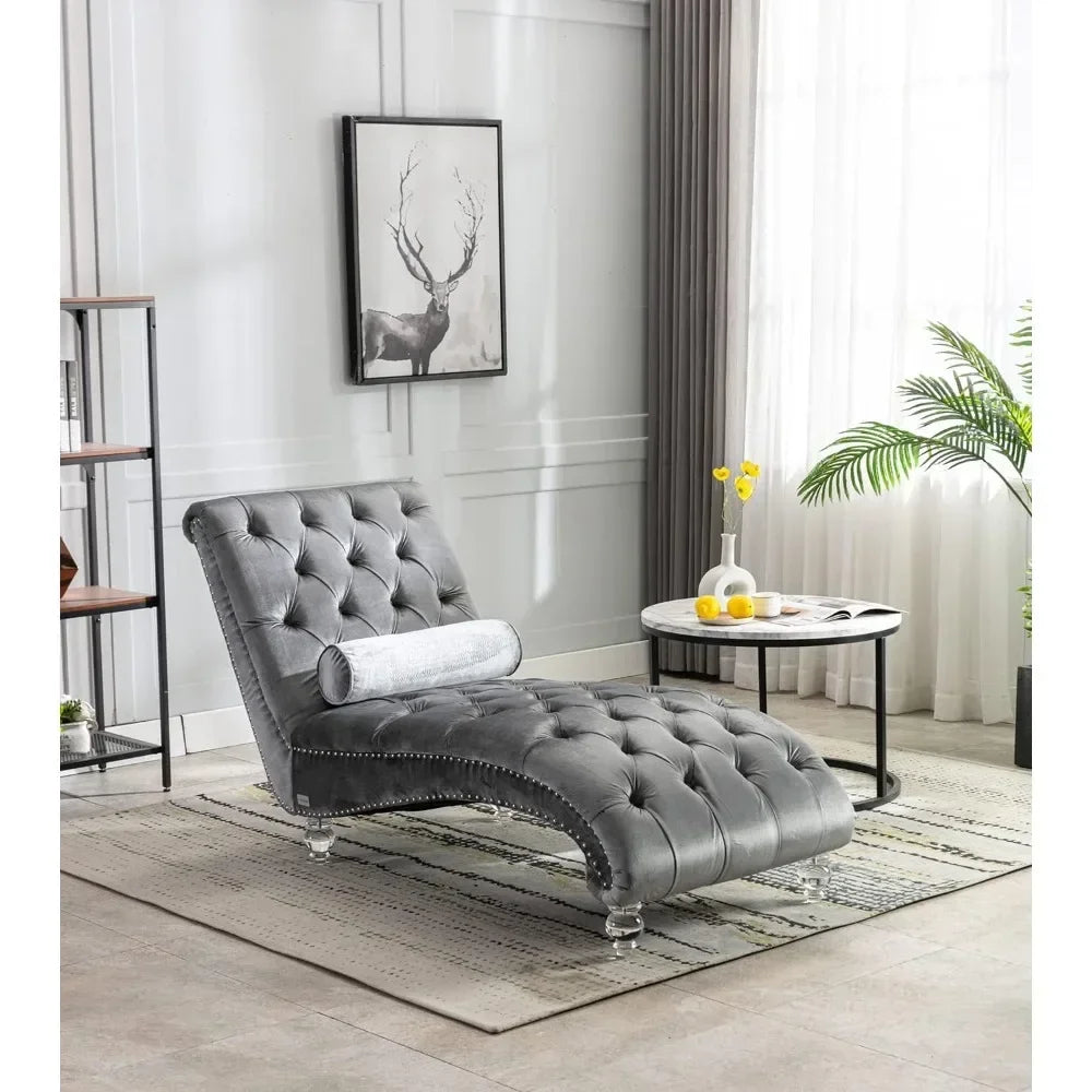 Velvet Tufted Chaise Lounge with Pillow Acrylic Legs Sleeper Chair