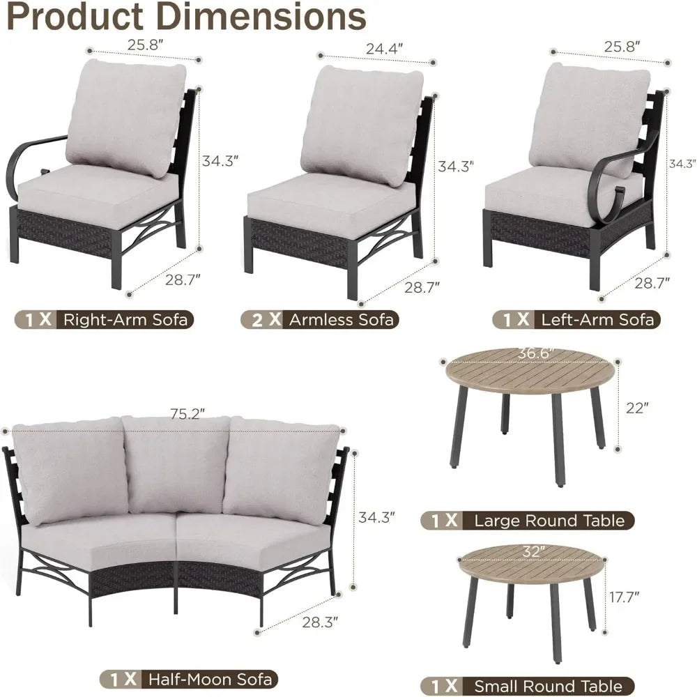 8-Piece Half-Moon Patio Furniture Set - Curved Sectional with 2 Coffee Tables for 6