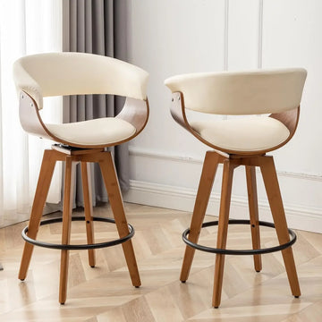 Cream Leather Swivel Bar Stools Set of 2 - Hollow Back, 26"