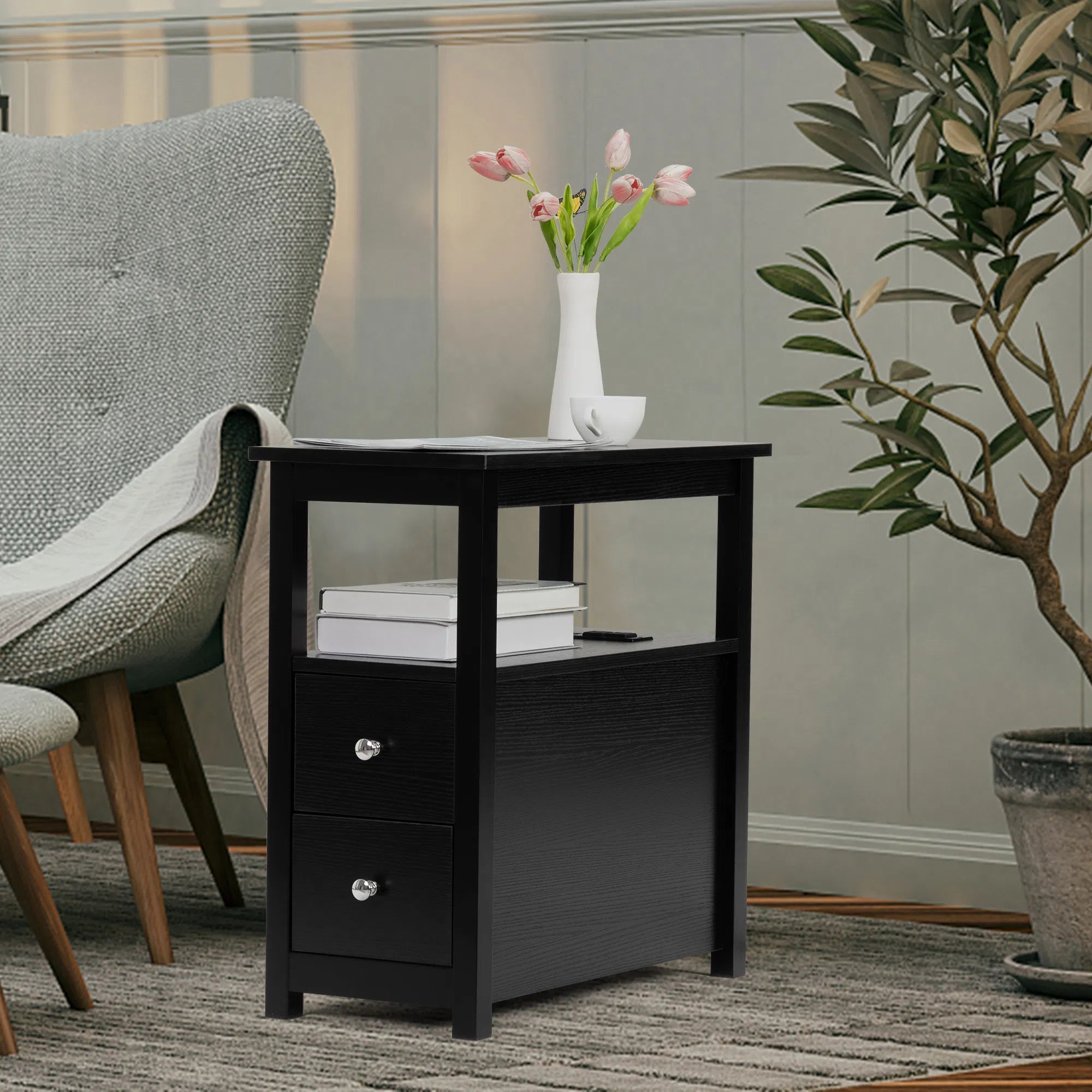 Wooden Nightstand – Transitional, USB Charging