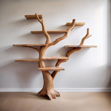 Rustic Tree Bookshelf with Detailed Wood Carvings