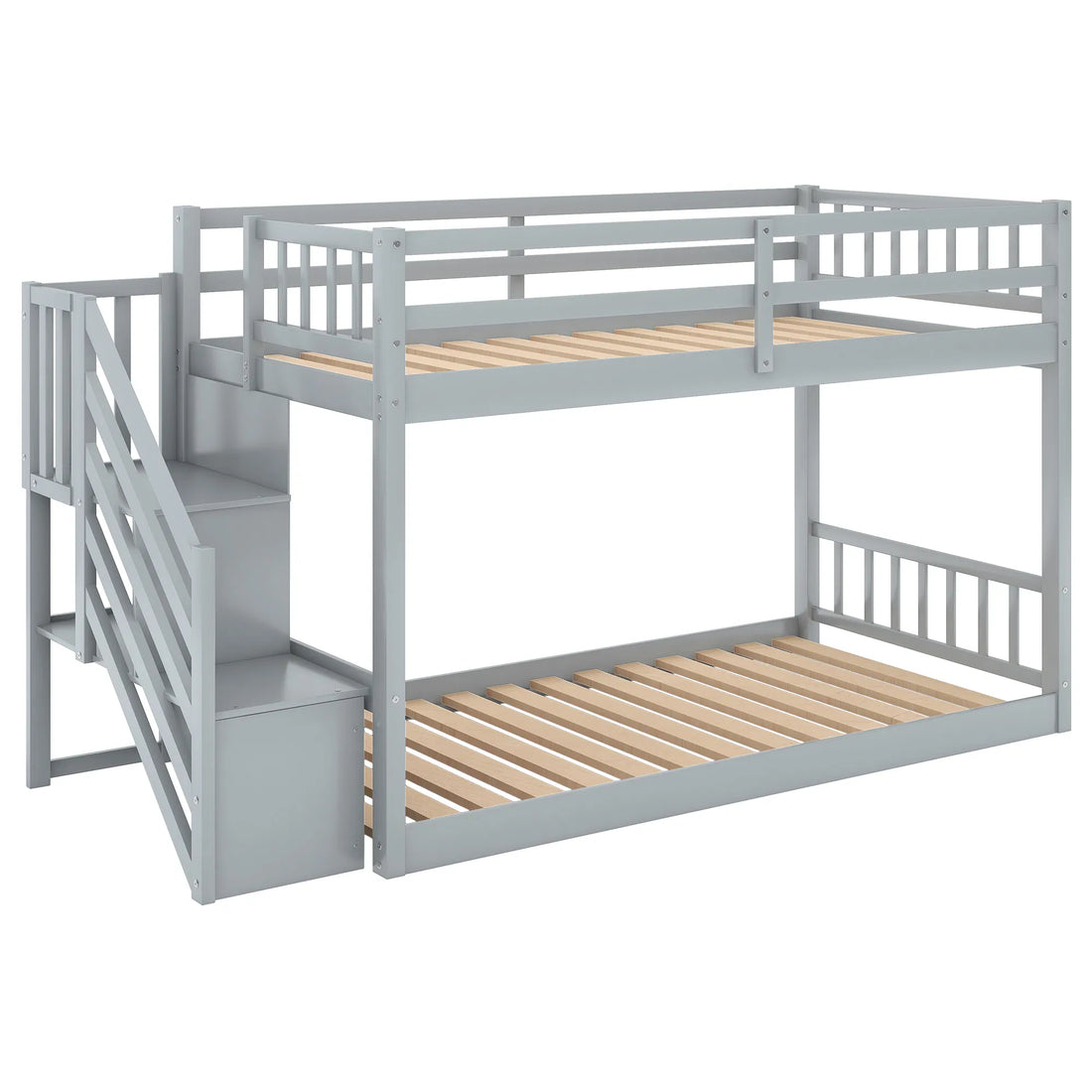 Twin-over-Twin Floor Bunk Bed – Gray, Storage