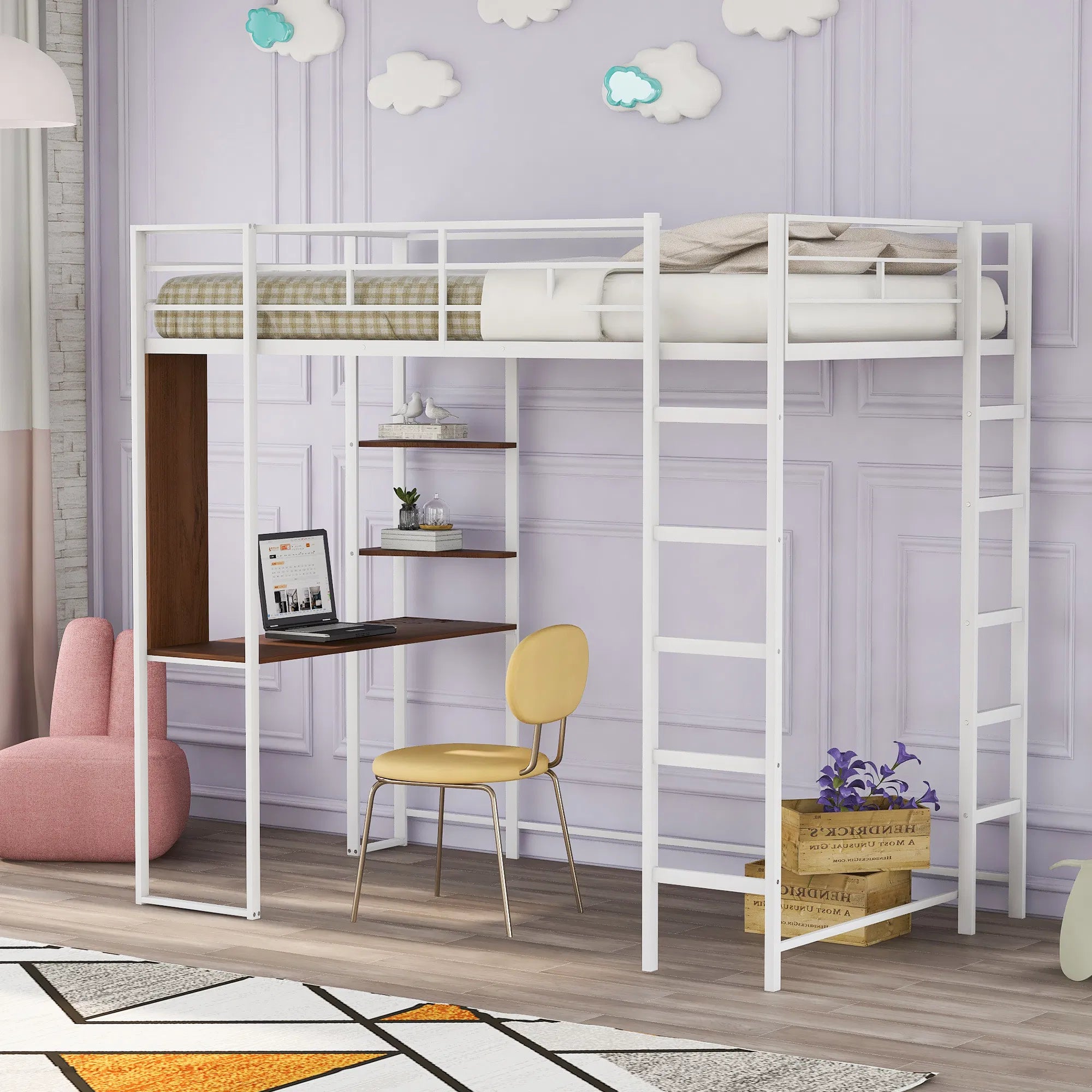 Twin Metal Loft Bed – White, Desk & Shelves