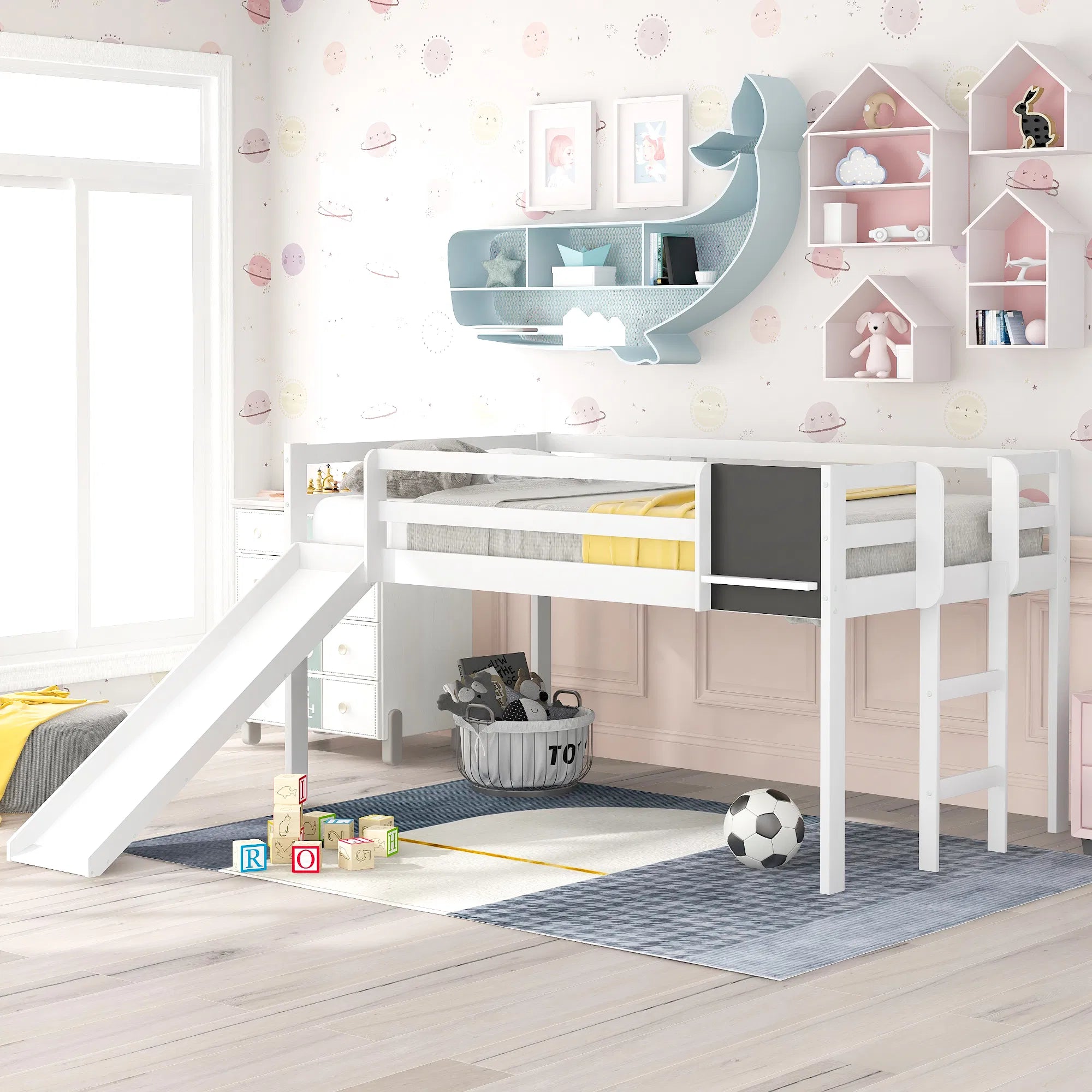 Twin Loft Bed with Slide & Chalkboard – White