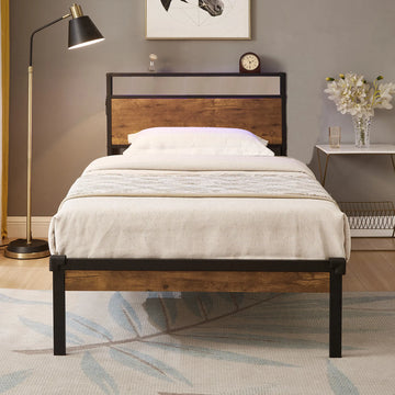 Twin Metal Platform Bed – Wood Headboard, USB