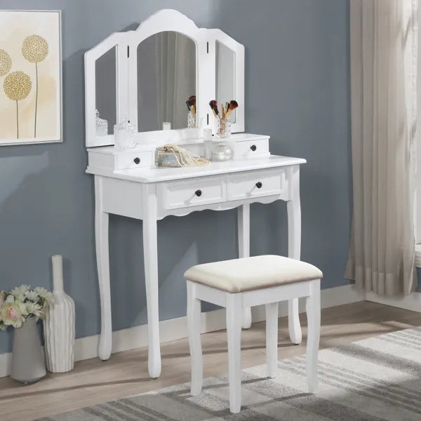 White Wooden Vanity Table with Stool