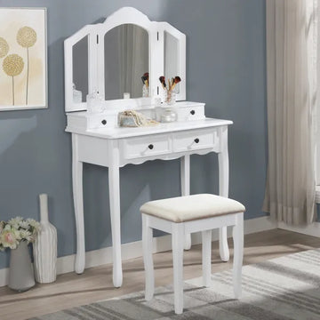 White Wooden Vanity Table with Stool