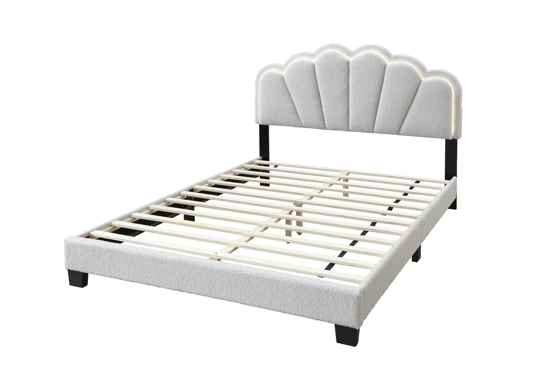 Queen Platform Bed – White Wool, LED