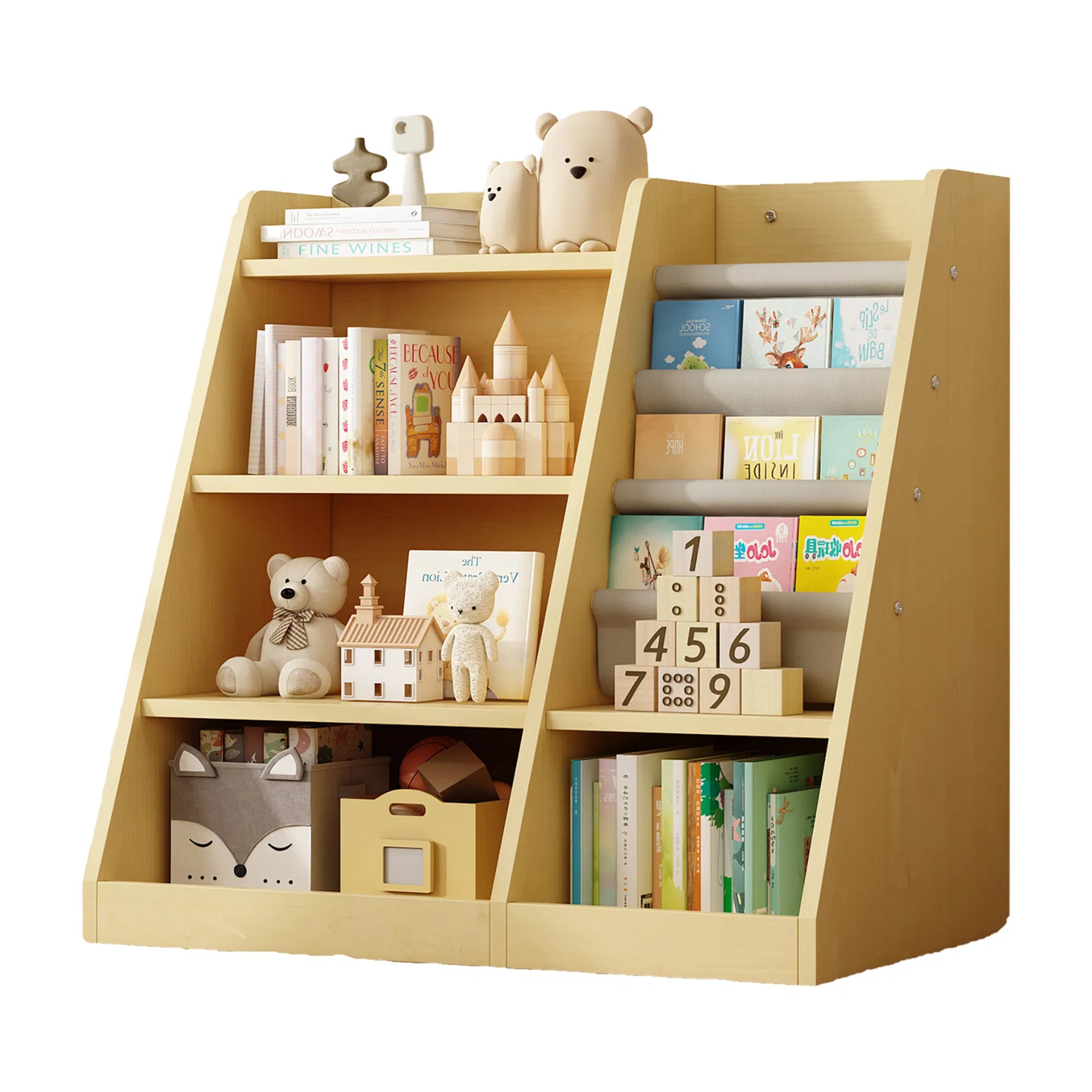 Wooden Kids Bookshelf with Sling Rack