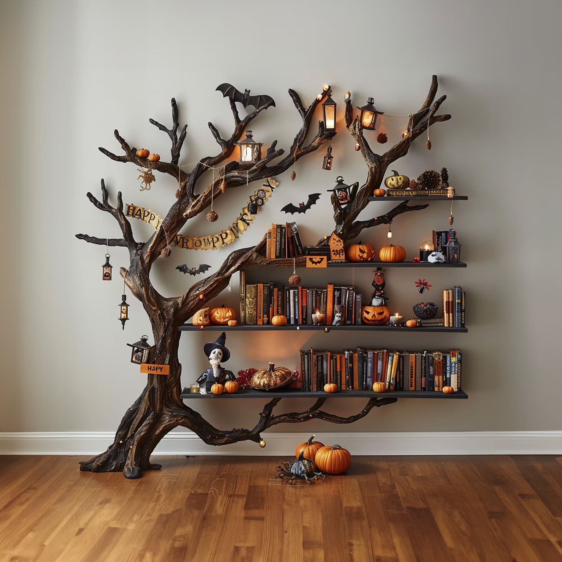 Tree Books Shelf Decor Halloween Solid Wood SINLHW001