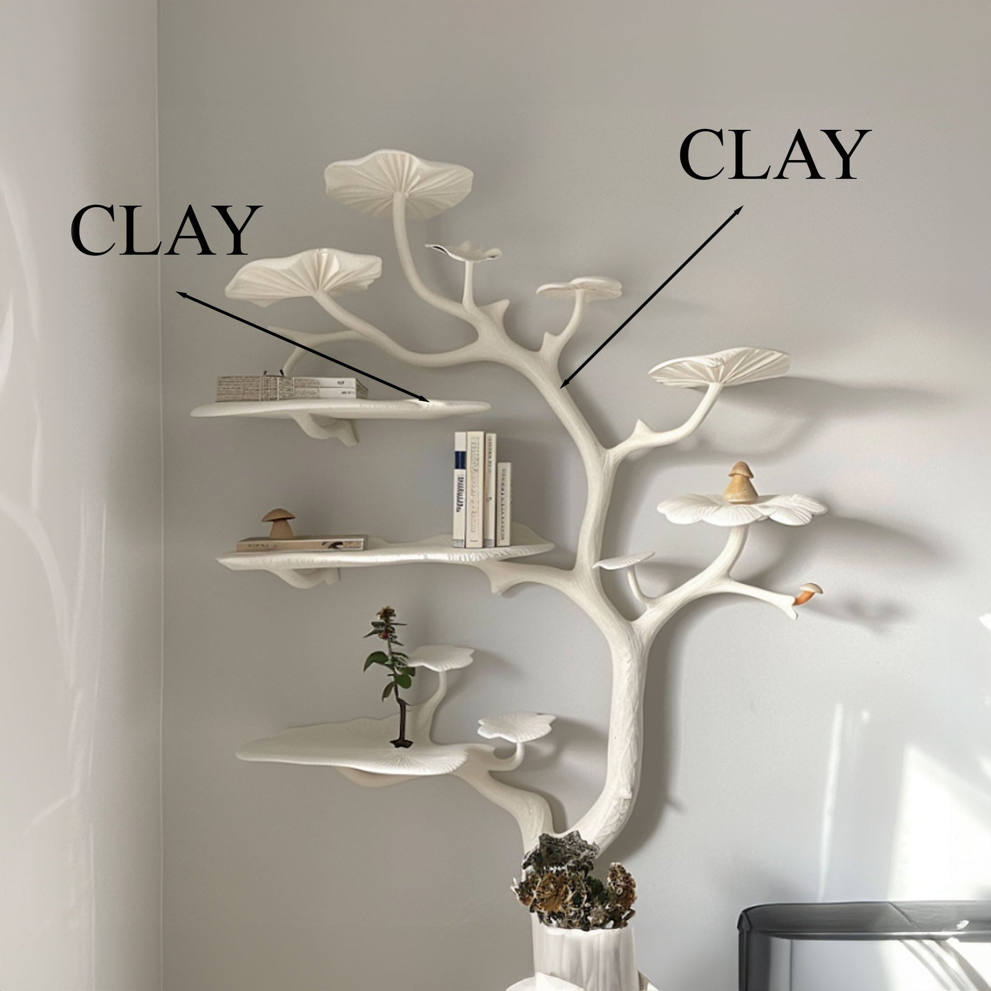 Mushroom Tree Branch Floating Shelf Clay Rustic Shelf SINLTB012