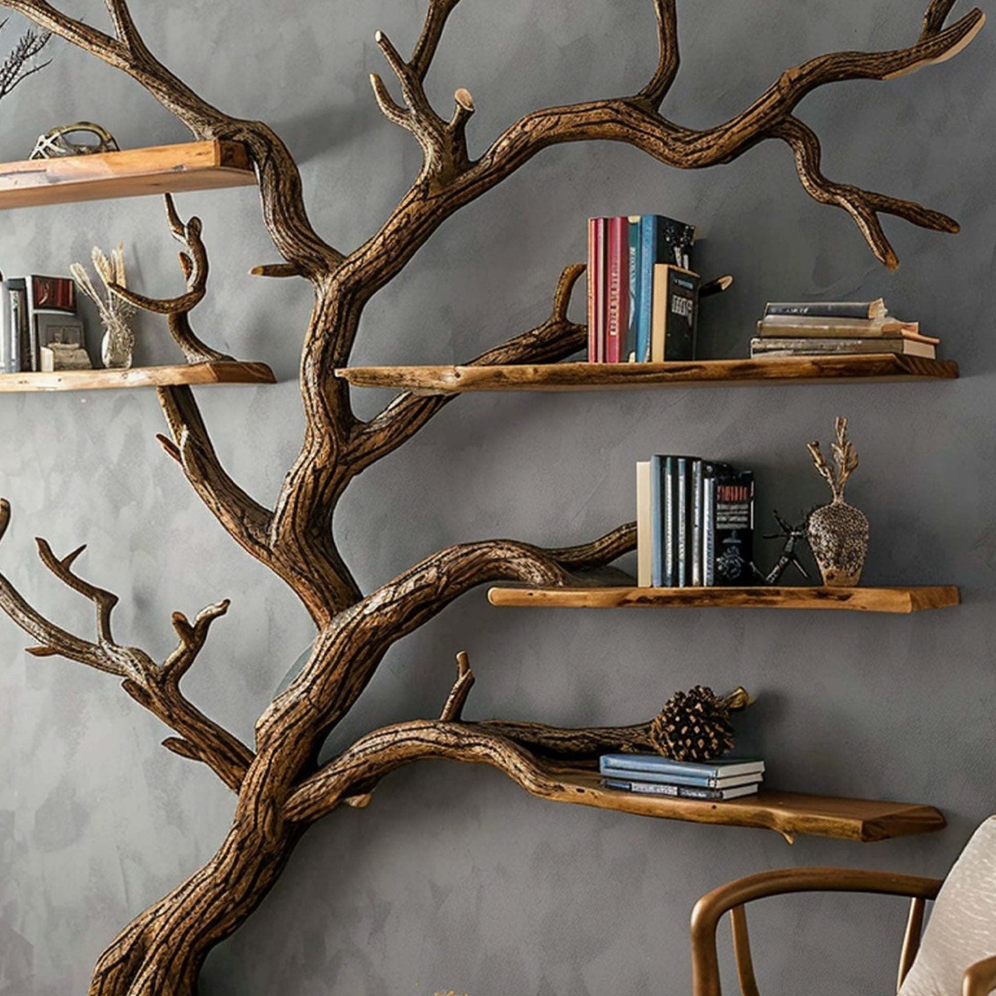 Tree Bookshelf Decor Solid Wood Carving SINLTB002