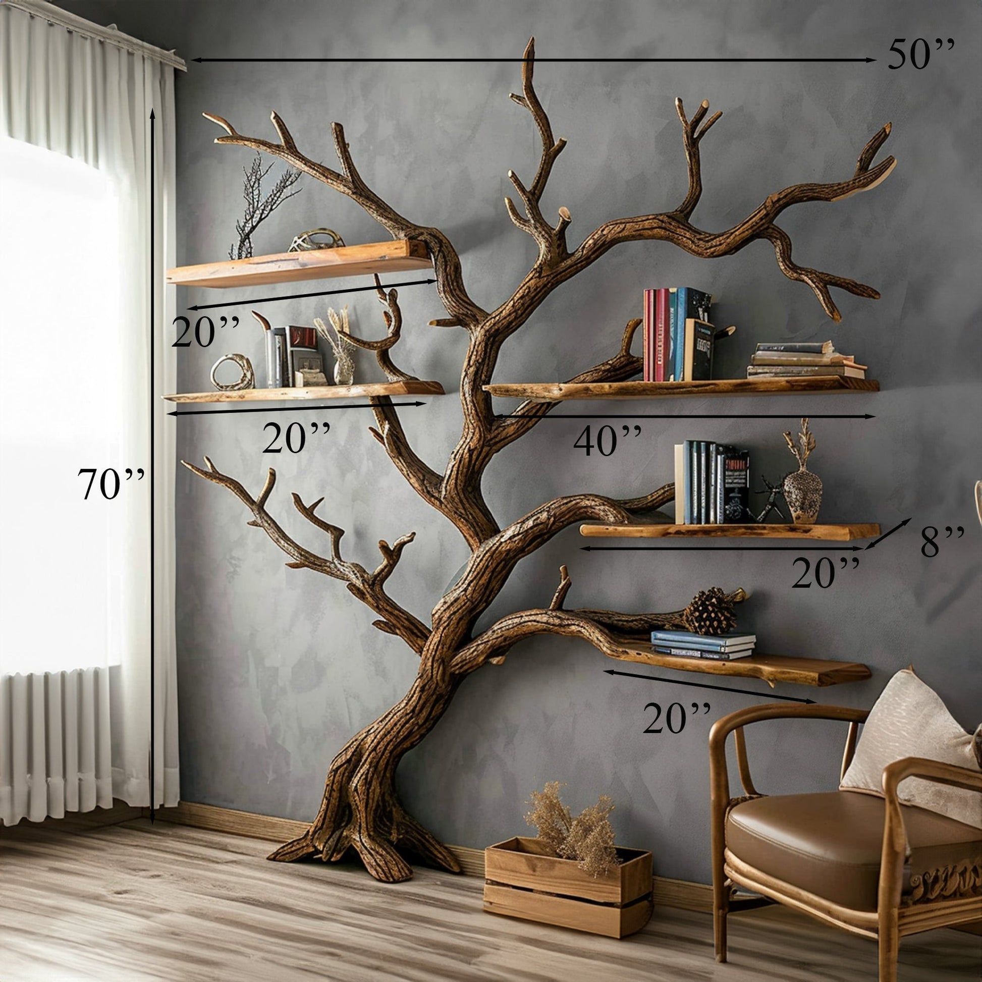 Tree Bookshelf Decor Solid Wood Carving SINLTB002