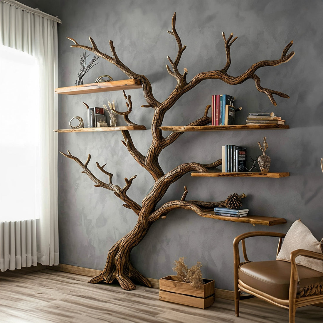 Tree Bookshelf Decor Solid Wood Carving SINLTB002