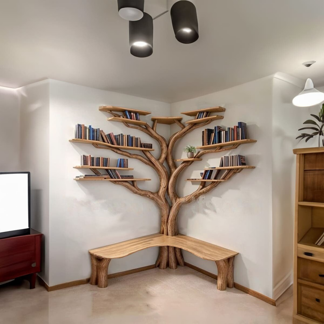 Tree Branch Floating Corner Shelf with Bench