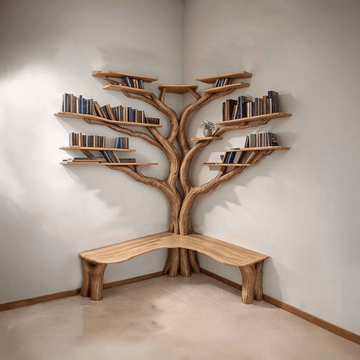 Tree Branch Floating Corner Shelf with Bench