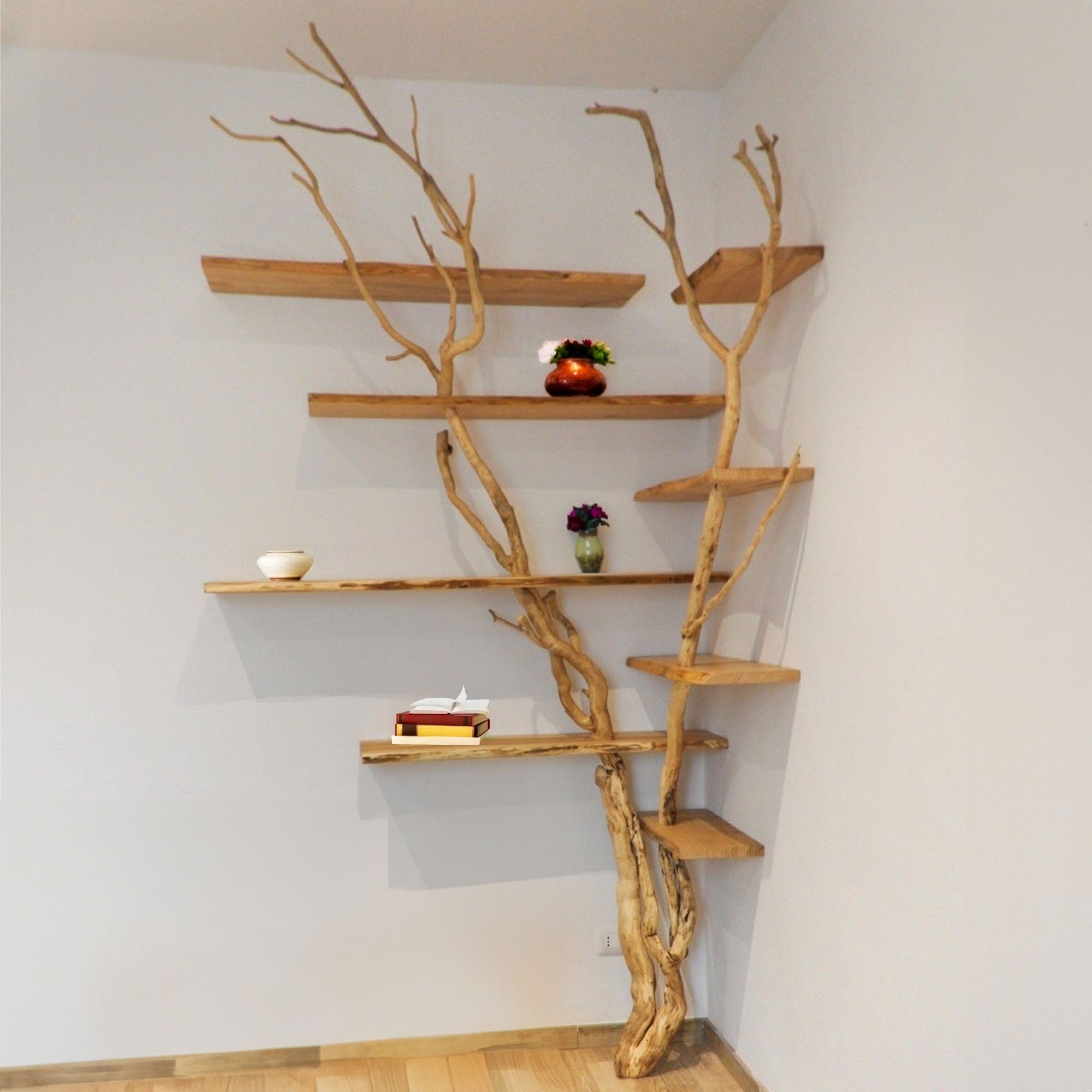 Floating Wood Bookshelves with Tree Branch Accents