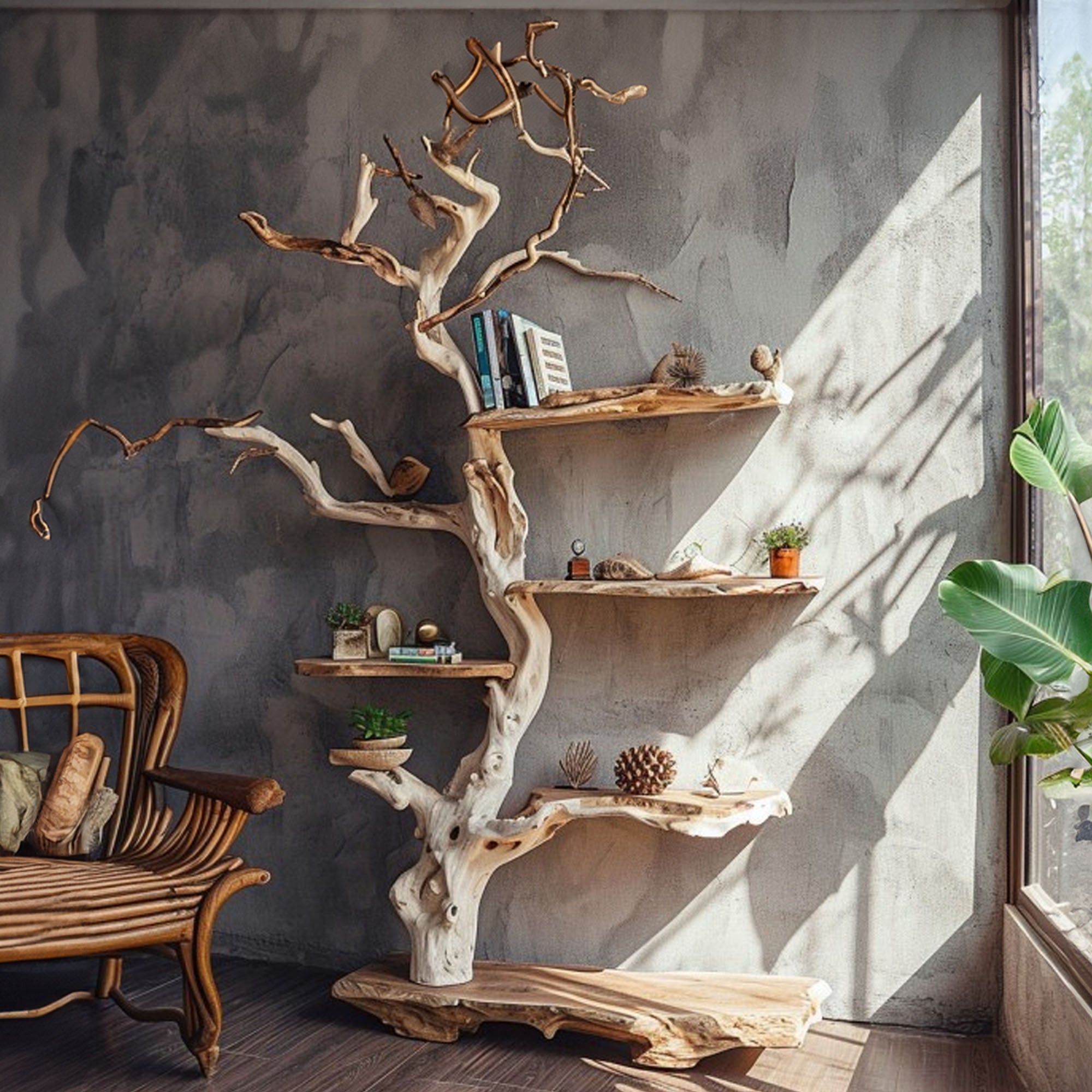 Solid Wood Tree Branch Standing Corner Shelf