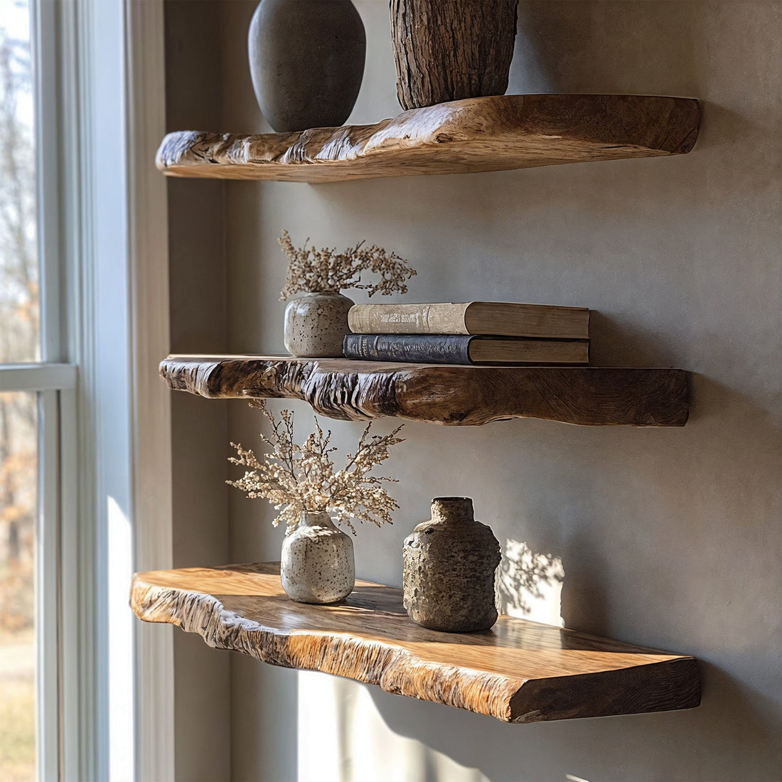 Walnut Floating Shelves with Live Edge