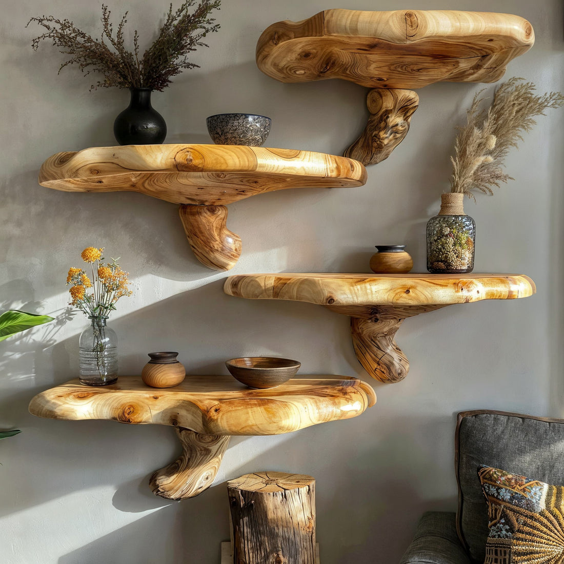 Handcrafted Floating Shelves with Mushroom Design