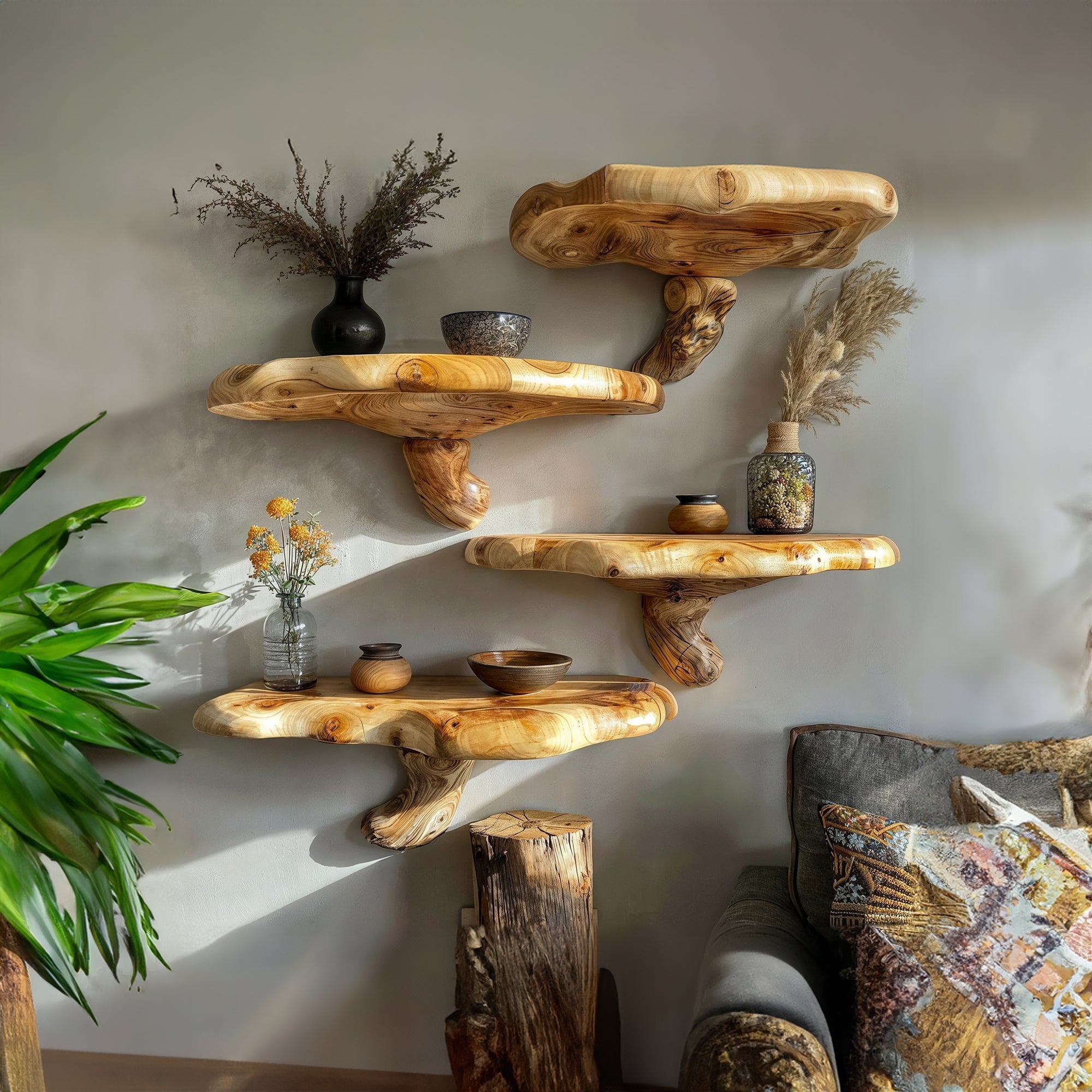 Handcrafted Floating Shelves with Mushroom Design