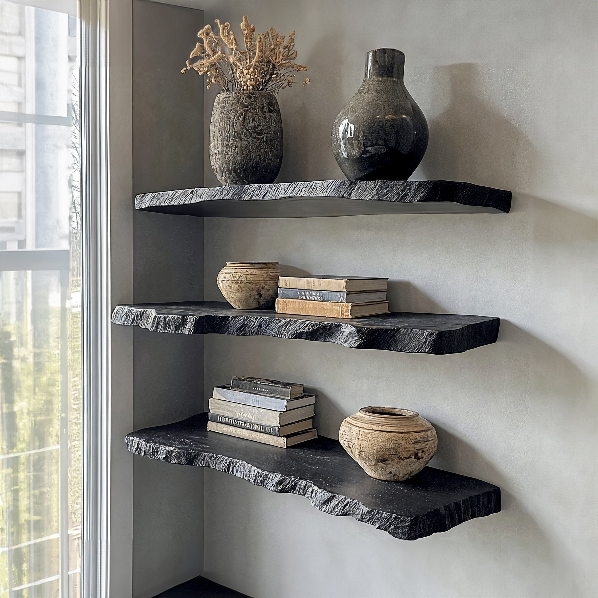 Handcrafted Black Live Edge Floating Shelves