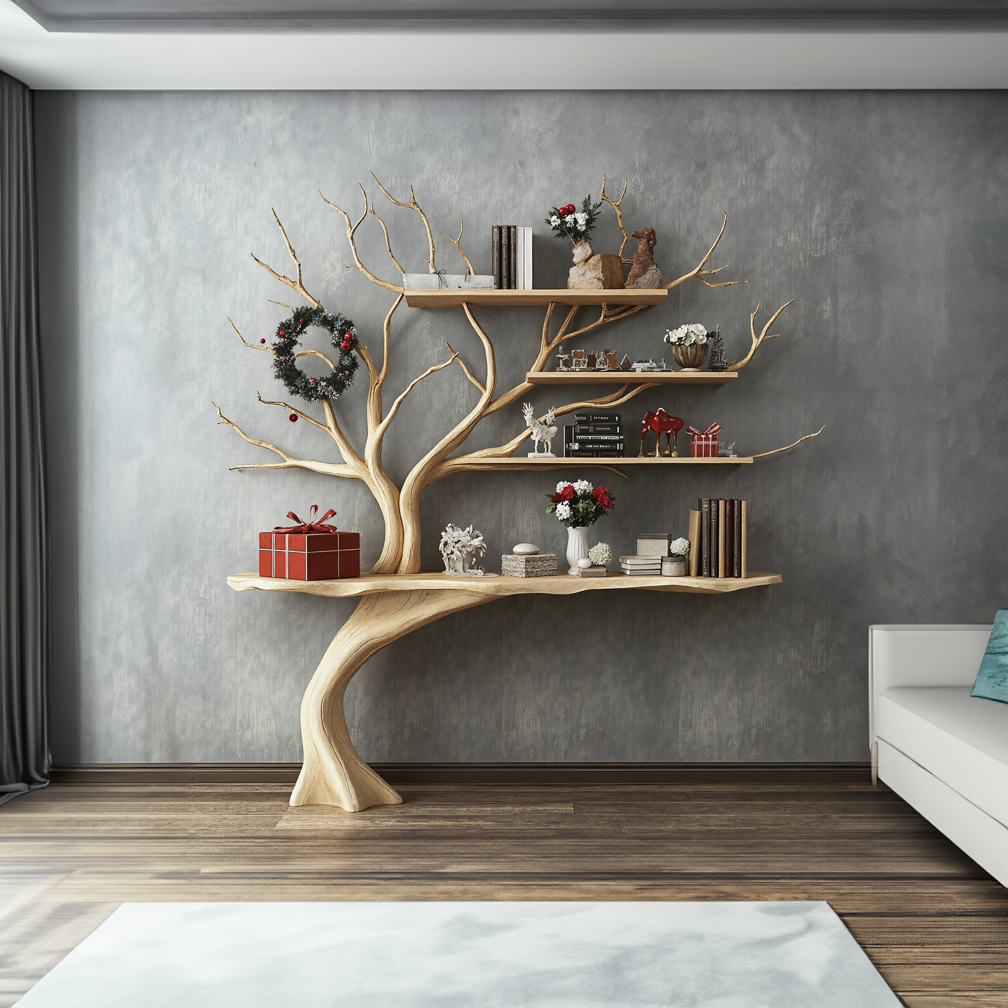 Narrow Console Table with Tree Branch Shelves