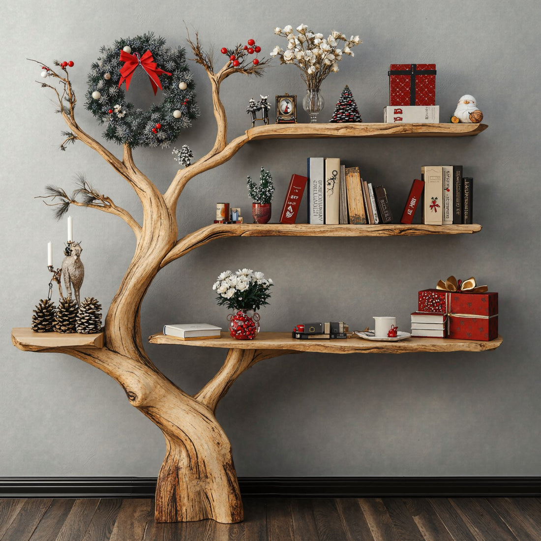 Narrow Console Table with Tree Bookshelf Accent