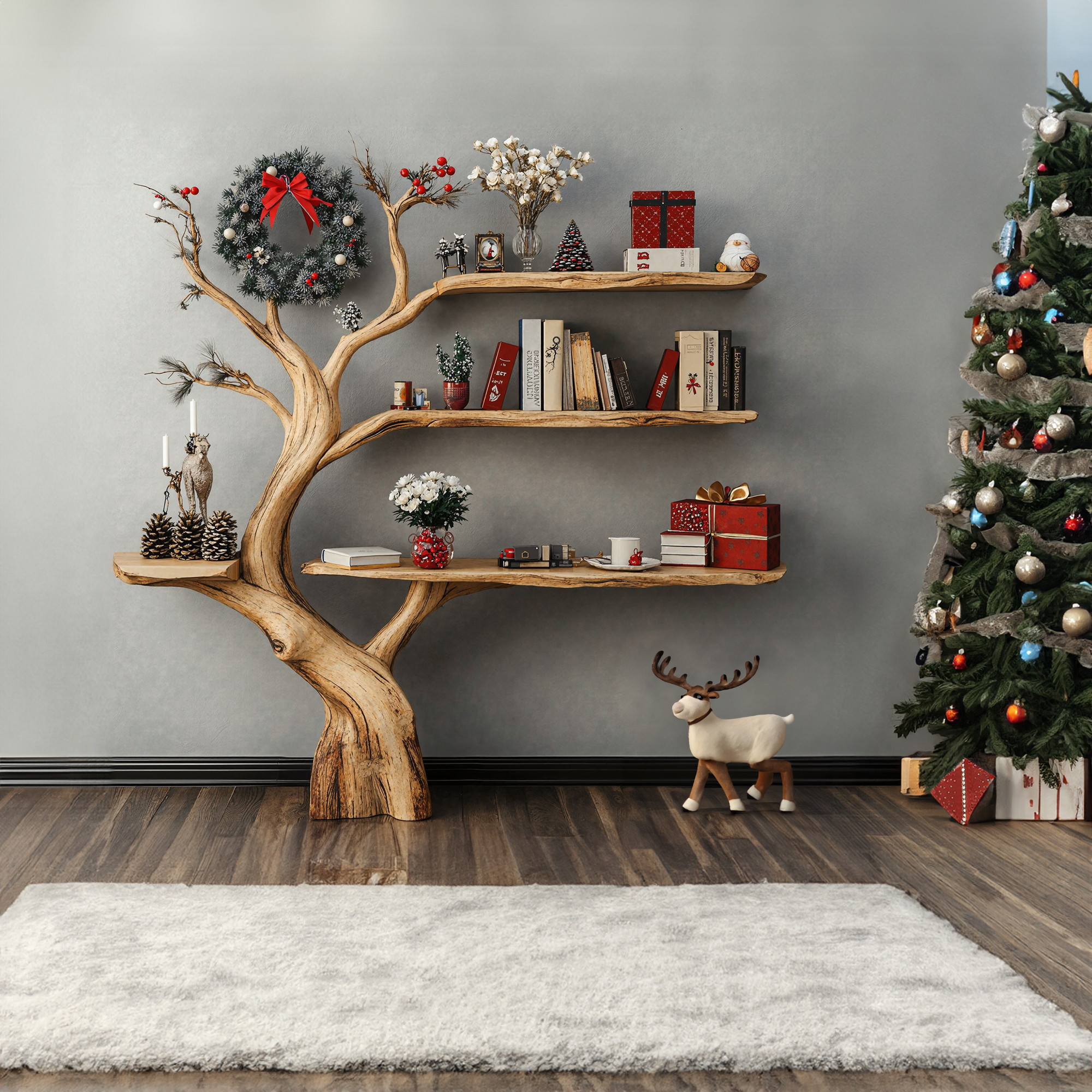 Narrow Console Table with Tree Bookshelf Accent