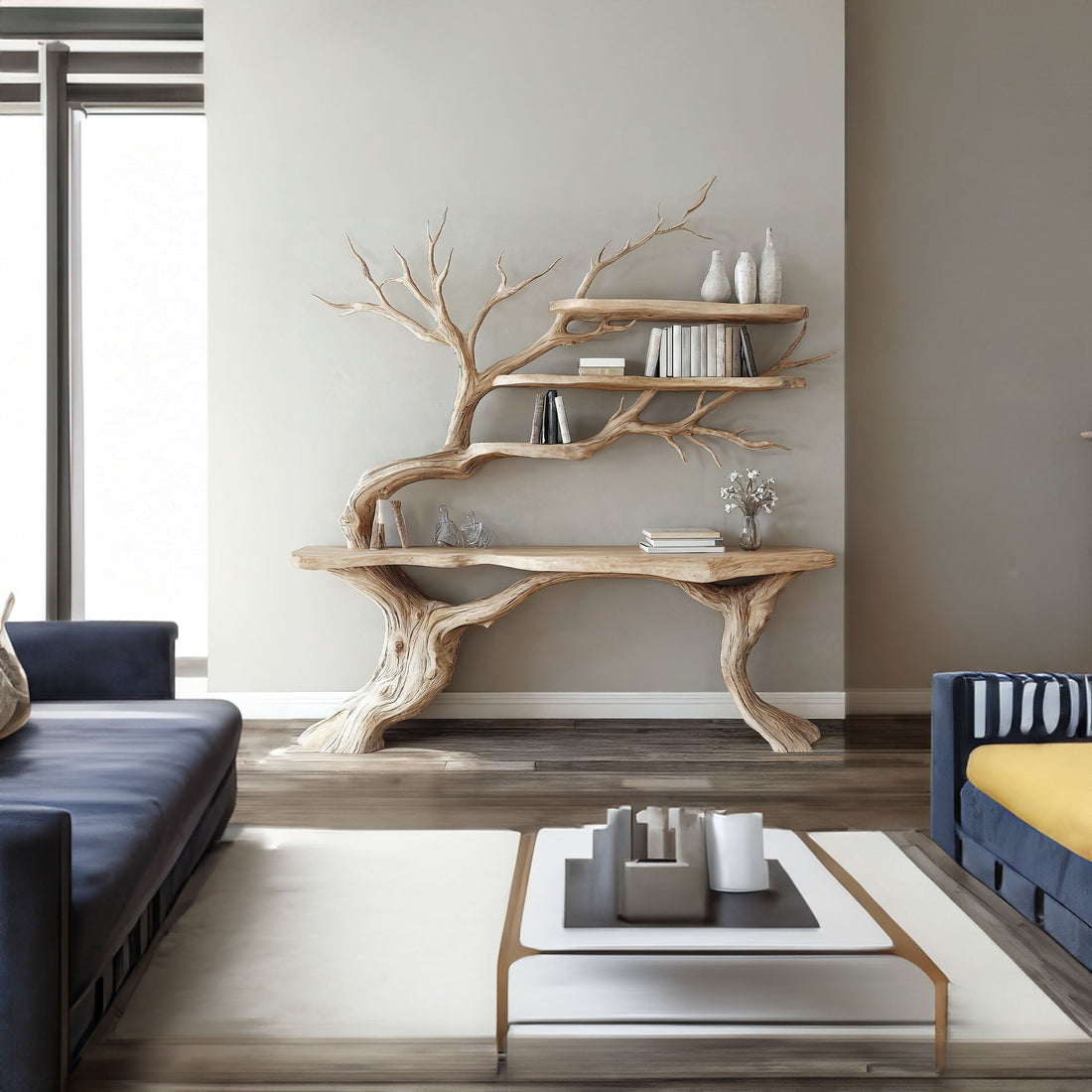 Handmade Rustic Natural Console Table with Bookshelf