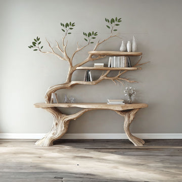 Handmade Rustic Natural Console Table with Bookshelf