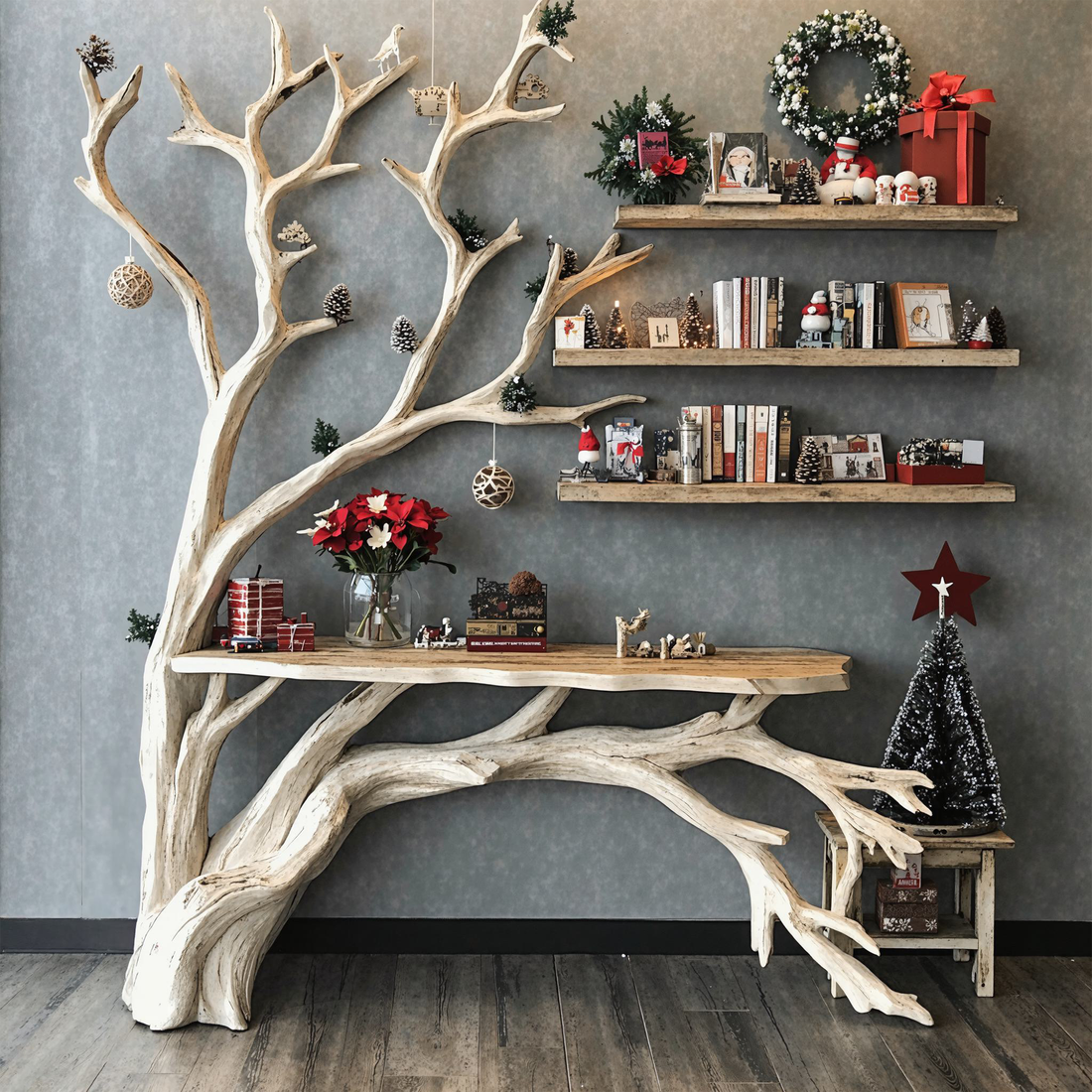 Live Edge Side Table with Tree Bookshelf Console