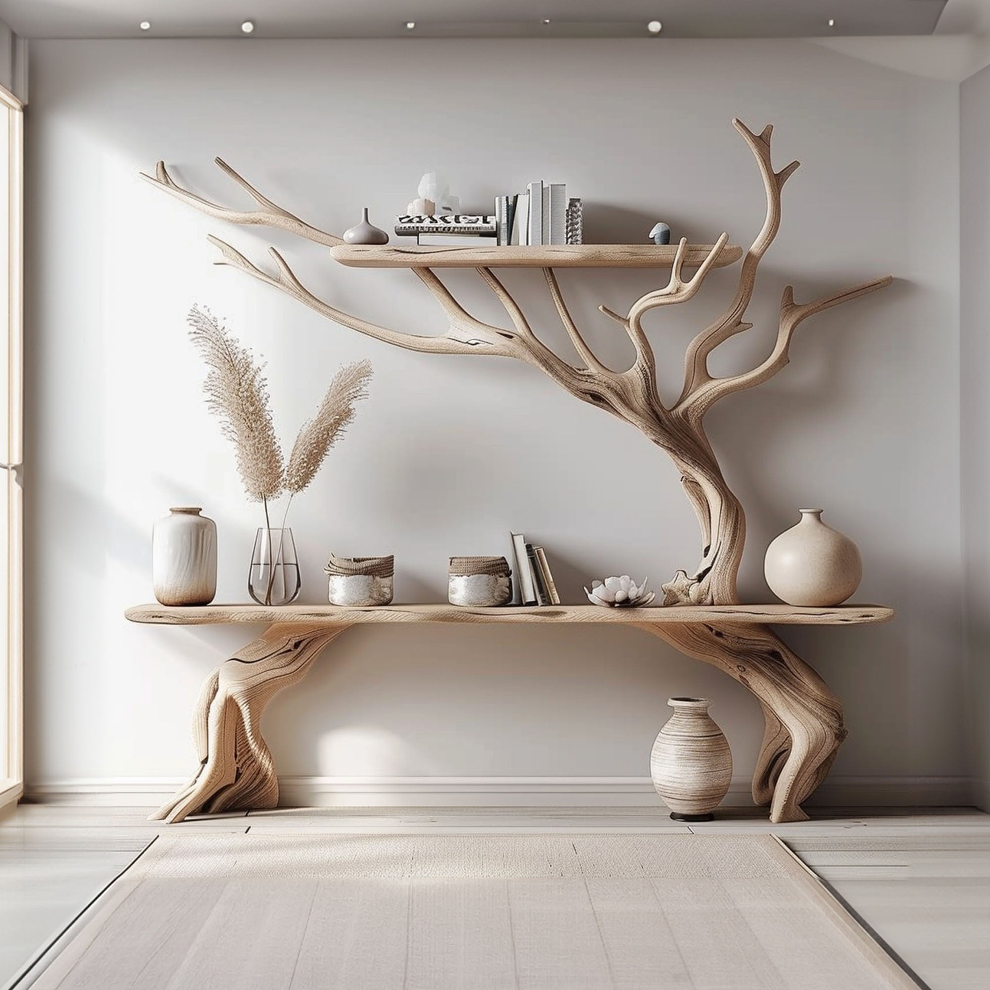 Driftwood Narrow Console Table with Tree Branch