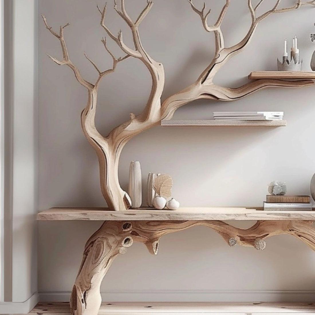 Farmhouse Console Table with Tree Branch Bookshelf