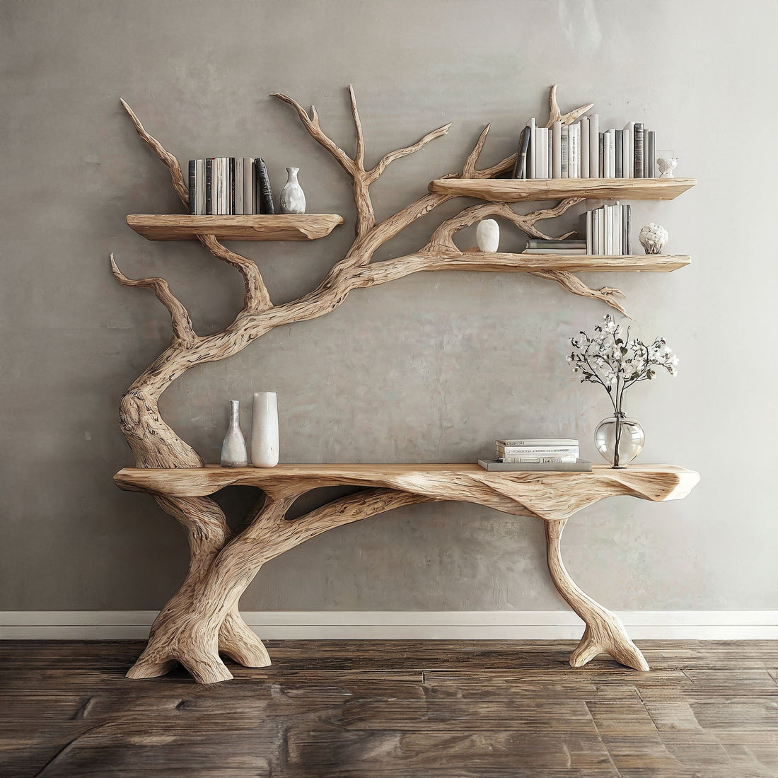 Rustic Narrow Console Table with Tree Branch Shelf