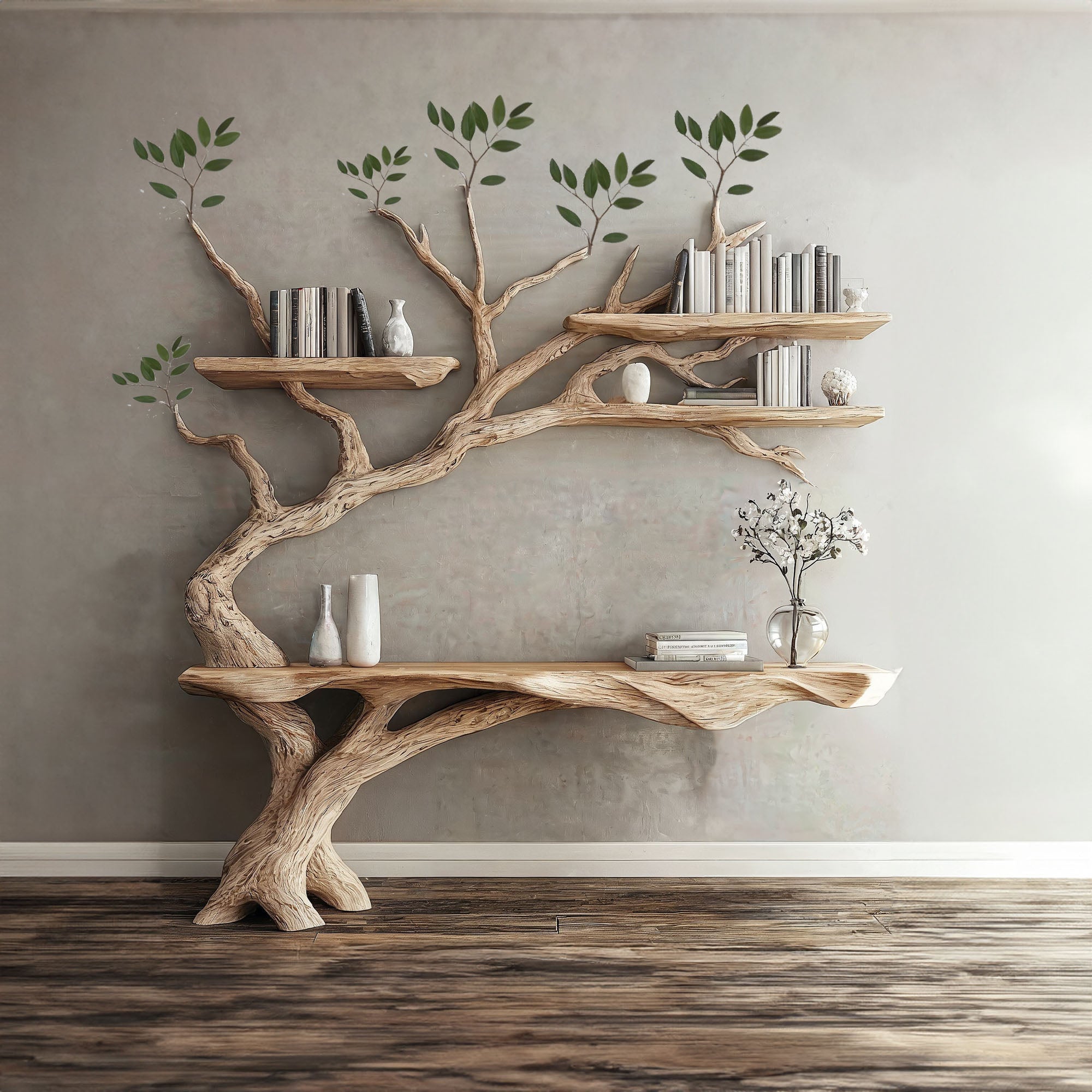 Rustic Narrow Console Table with Tree Branch Shelf